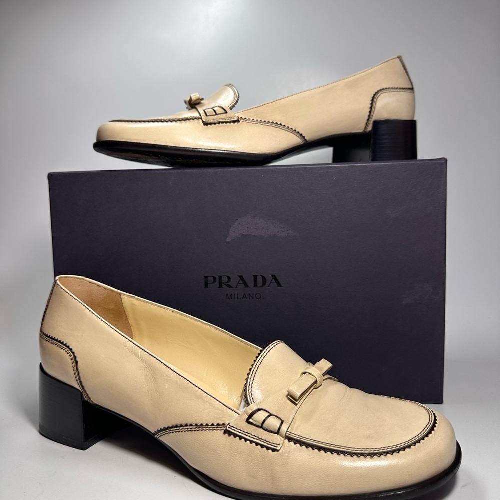 Prada Women's Preppy Leather Loafers Heels Black Accents Office Casual Classic